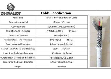 Type K Thermocouple Cable PFA Fiberglass Cable Stainless Steel 304 Sheath