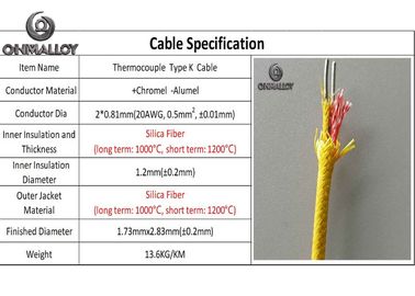 Silica Fiber Insulated 0.81mm K Type Thermocouple Cable