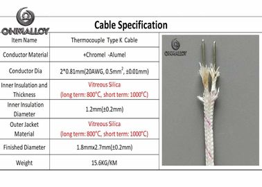 Vitreous Silica Thermocouple Type N NiCrSi NiSiMg 800℃ High Temperature Cable