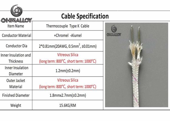 1000℃ KX-VS-VS-0.81 Vitreous Silica Insulated Thermocouple Cable Type K Wire