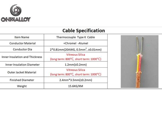 Ohmalloy PWHT Cable Vitreous Silica Thermocouple Type K Cable 800℃